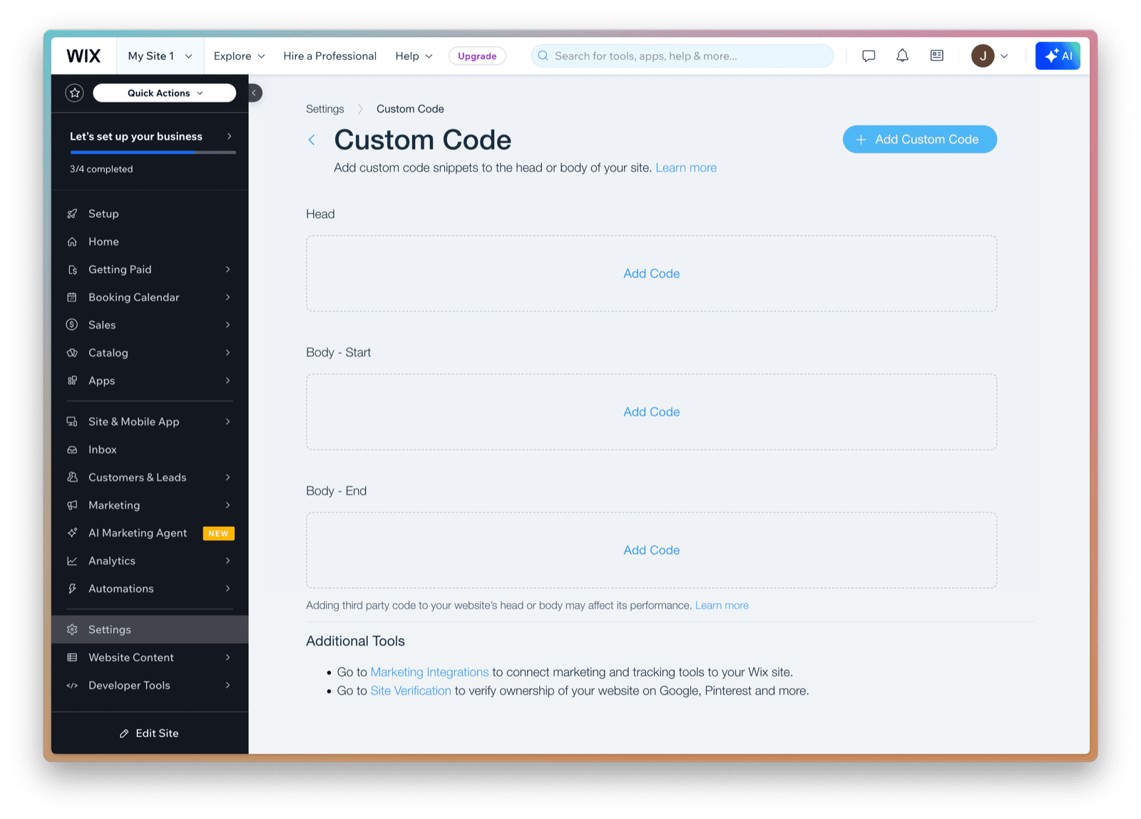 Custom code adding window