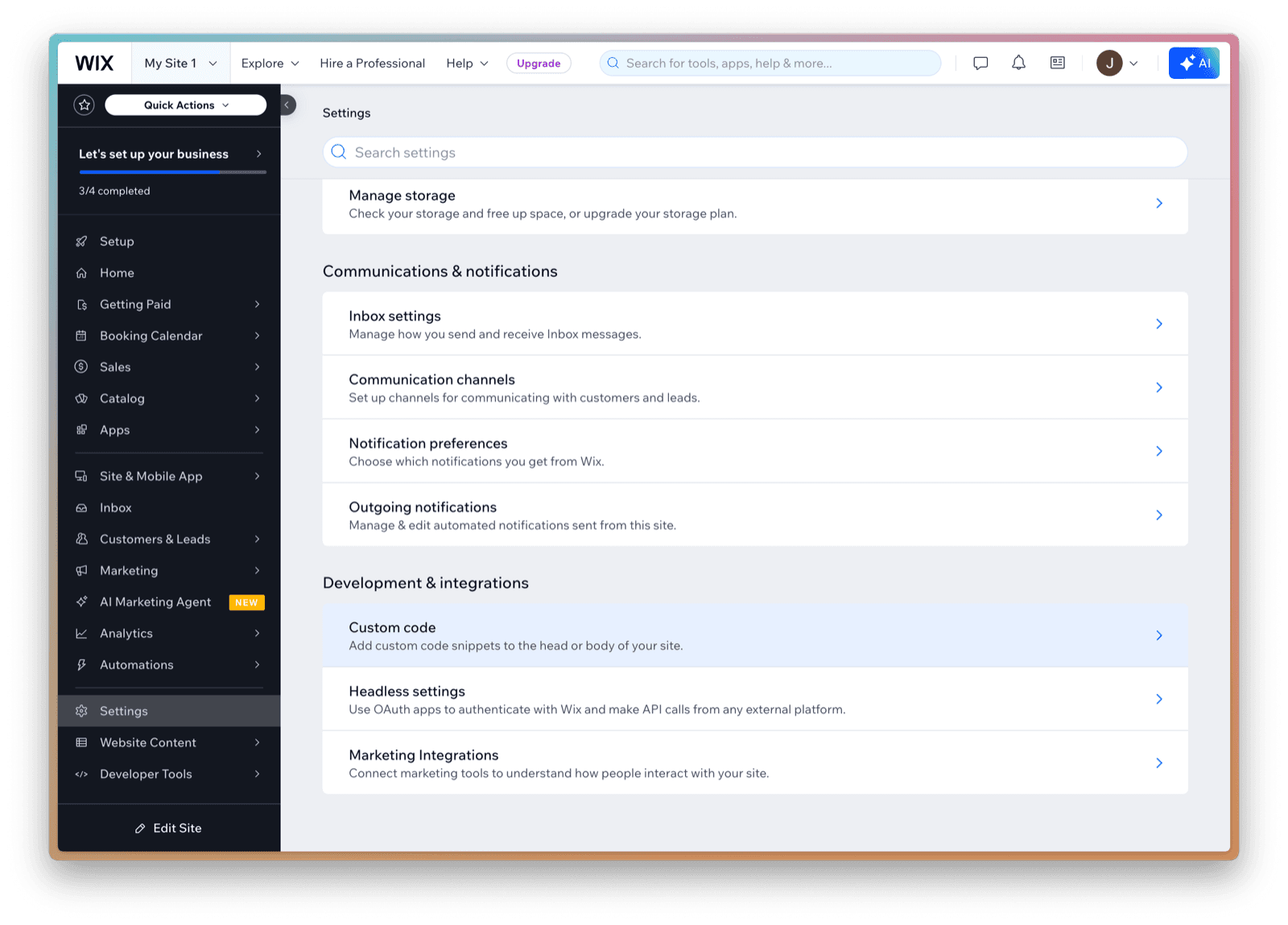 Wix custom code settings