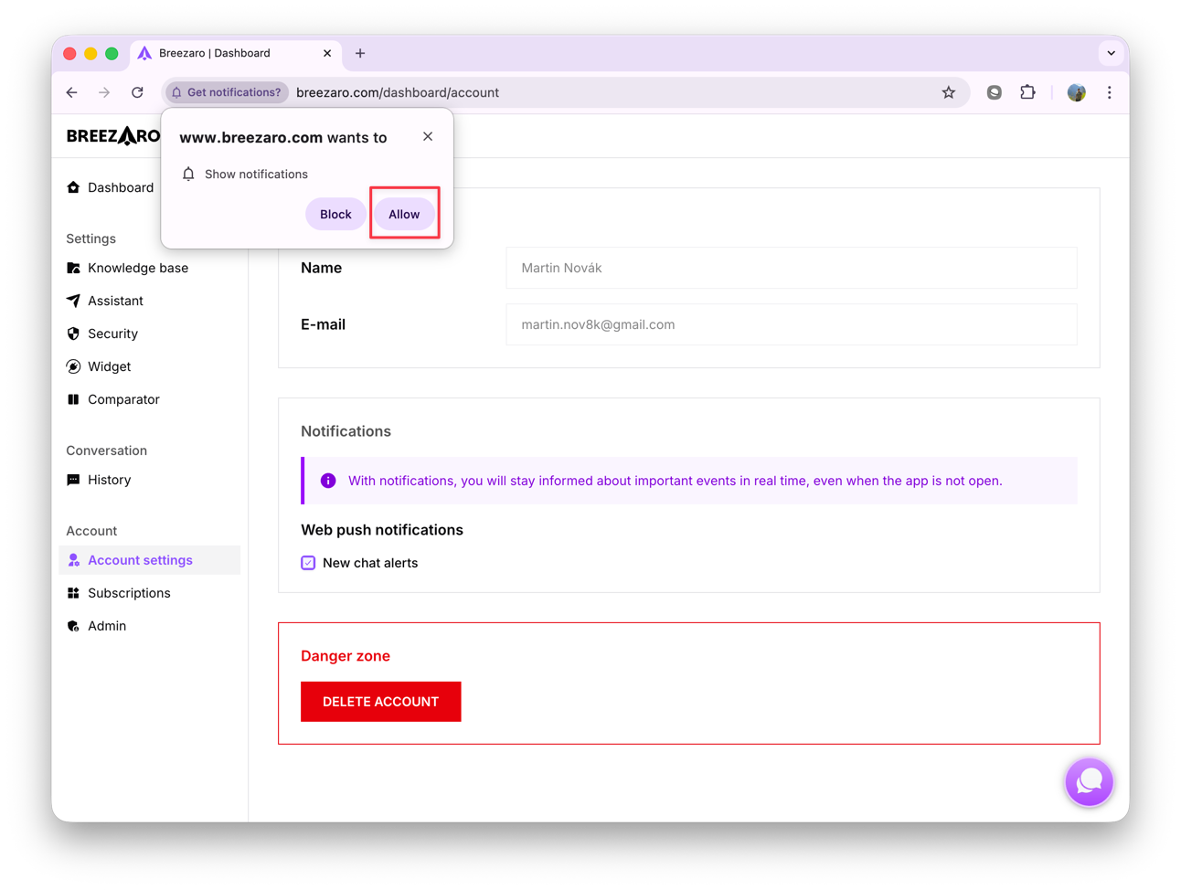 Browser dialog box requesting permission to send notifications.