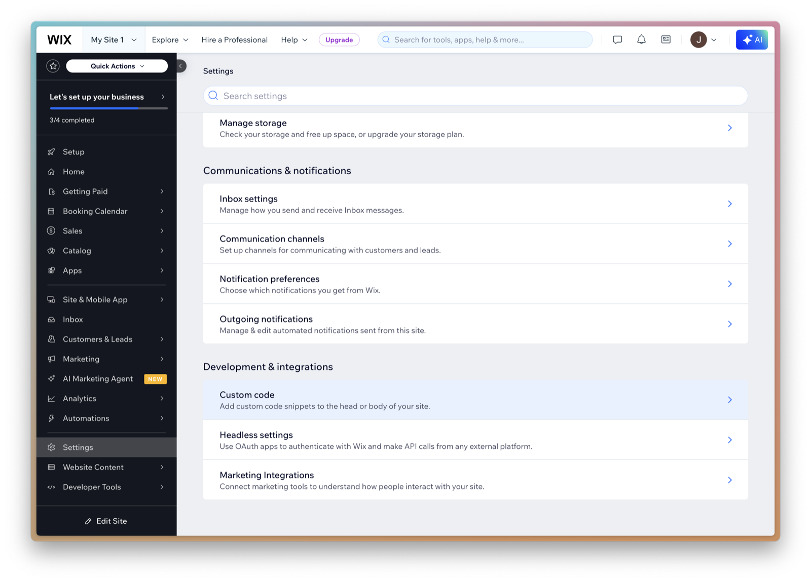 Wix custom code settings