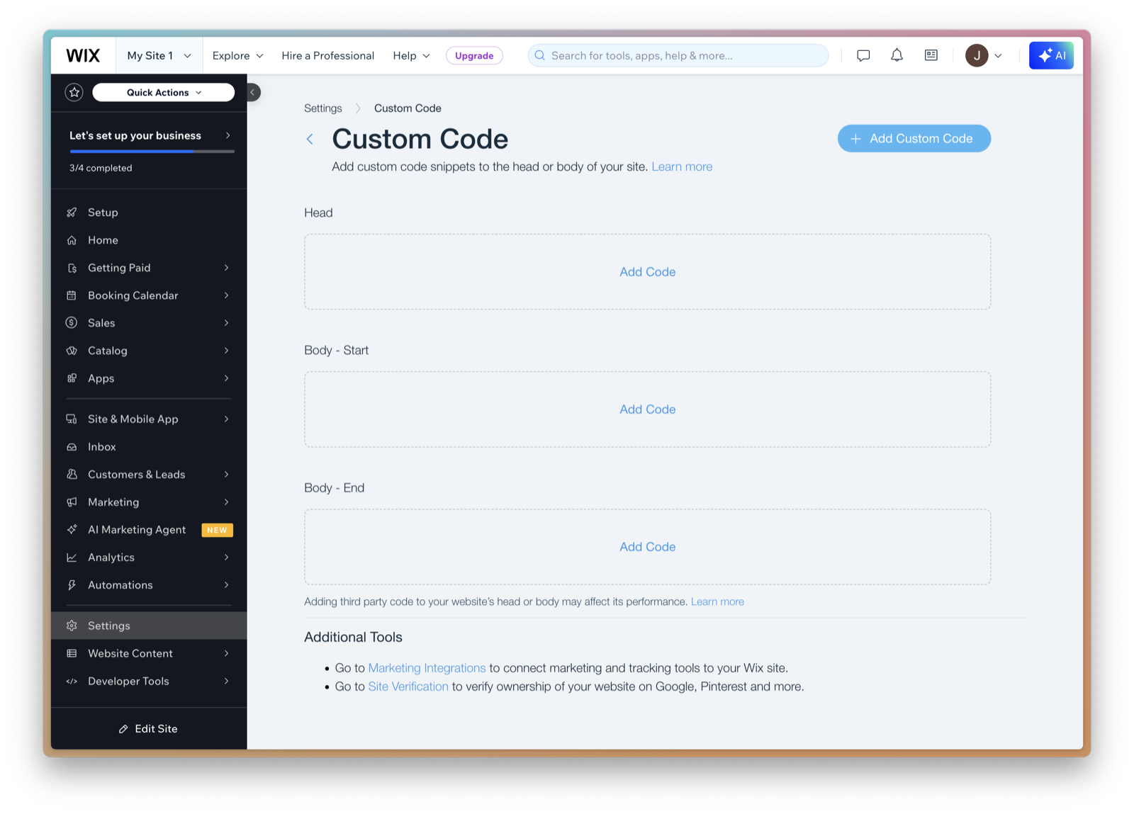 Custom code adding window